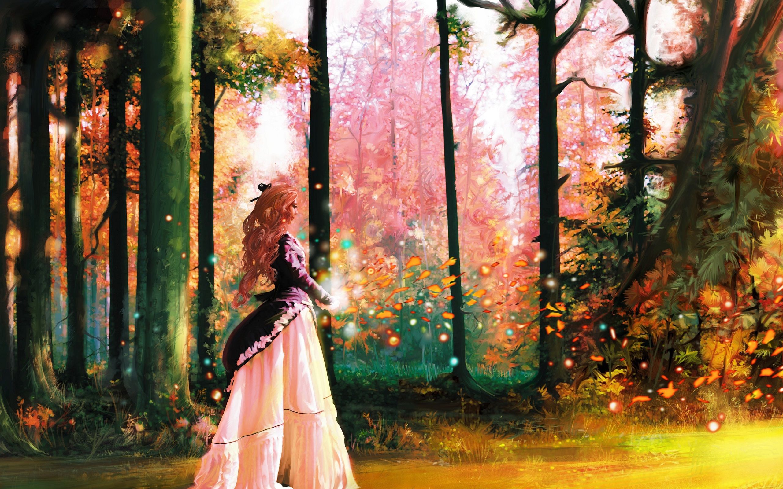 Wallpaper Art picture, forest, girl, trees, magic, colorful 2560x1600 HD Picture, Image