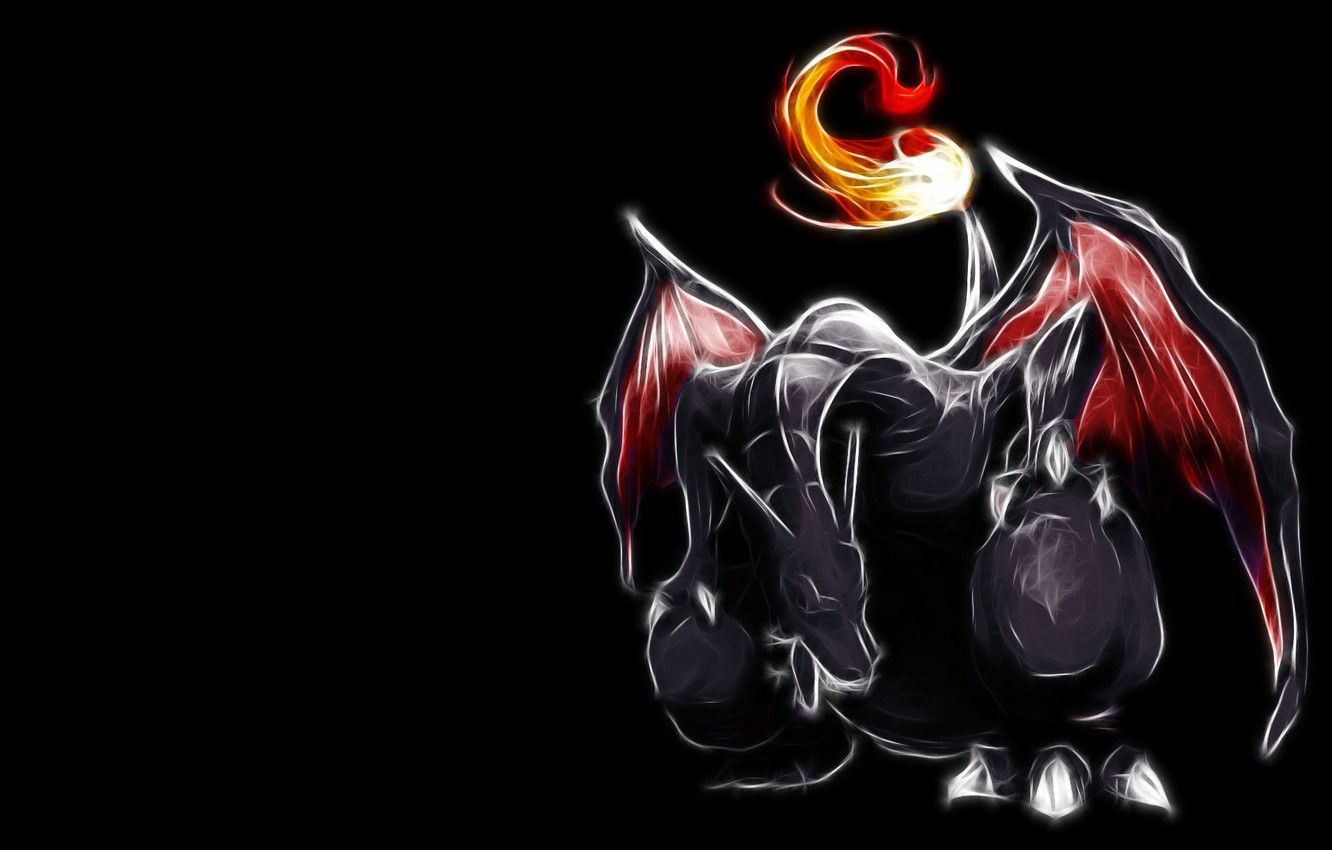 Wallpaper grey, fire, flame, wings, paws, mouth, tail, flame, grey, wings, tail, Pokemon, Pokemon, neon lines, Charizard, Charizard image for desktop, section минимализм