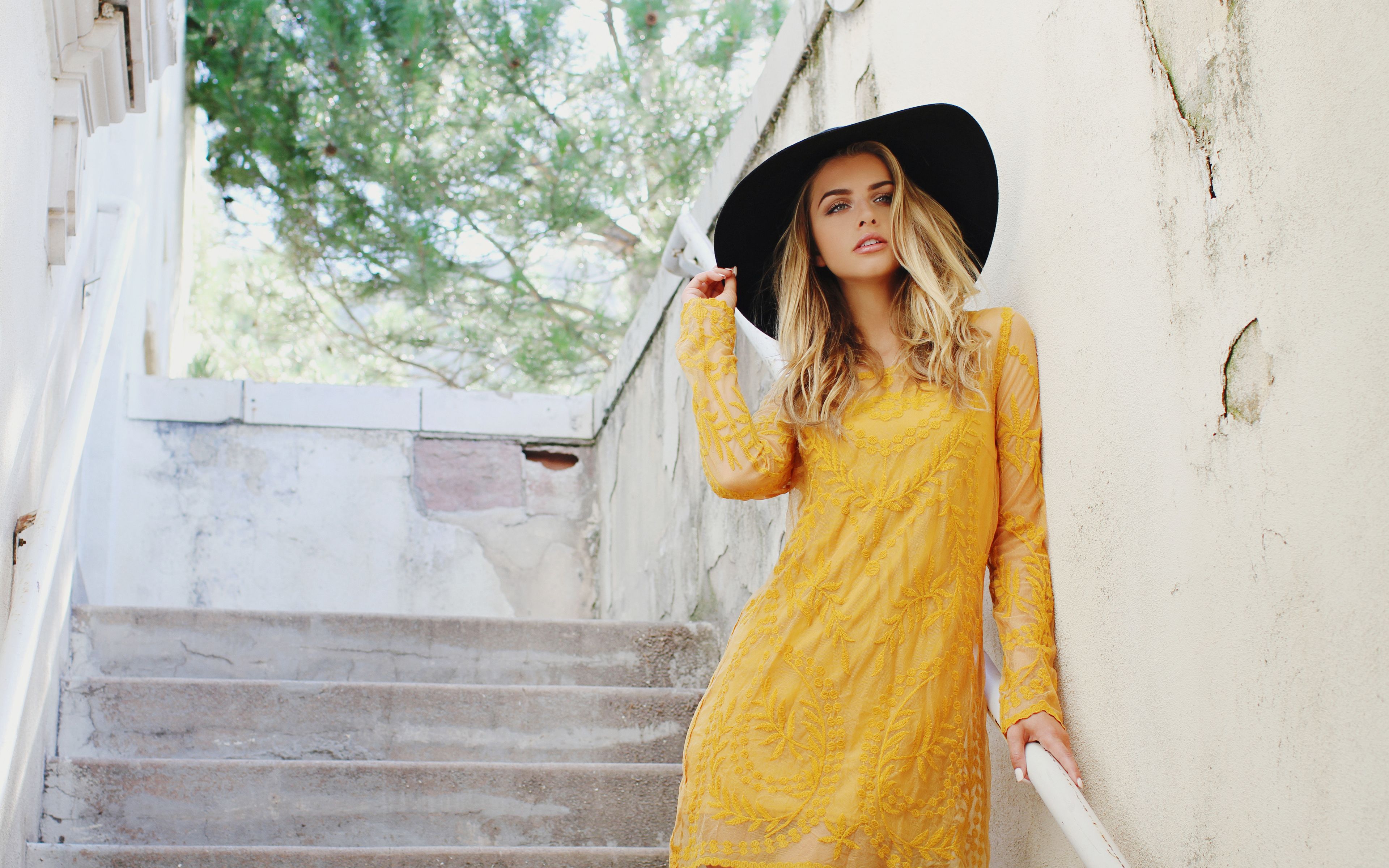 Download wallpaper 4k, Marina Laswick, 2018, photomodels, beauty, yellow dress, Marina Dukes, Youtube star, Marooshk for desktop with resolution 3840x2400. High Quality HD picture wallpaper