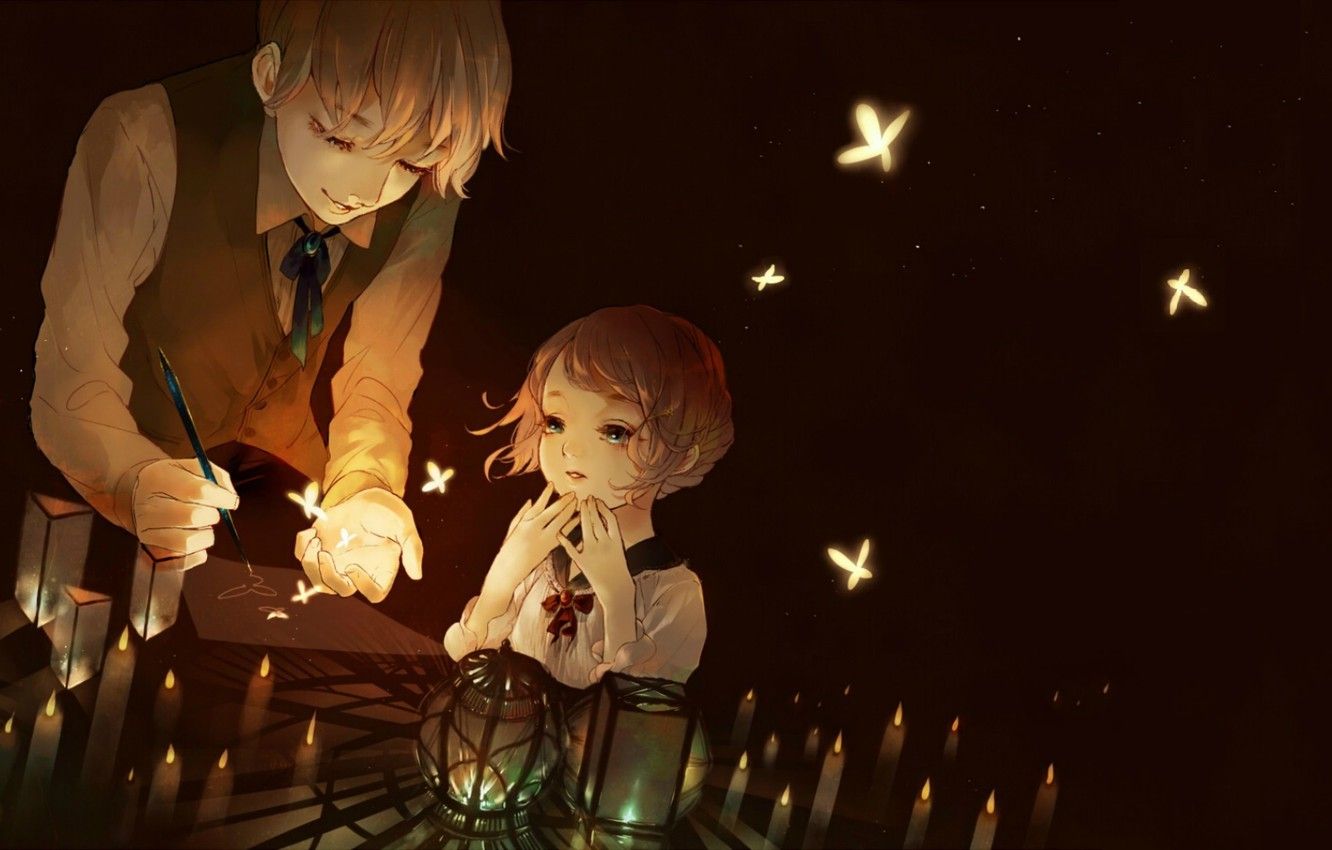 Wallpaper butterfly, magic, magic, glow, candles, boy, handle, girl, lanterns, in the dark image for desktop, section арт
