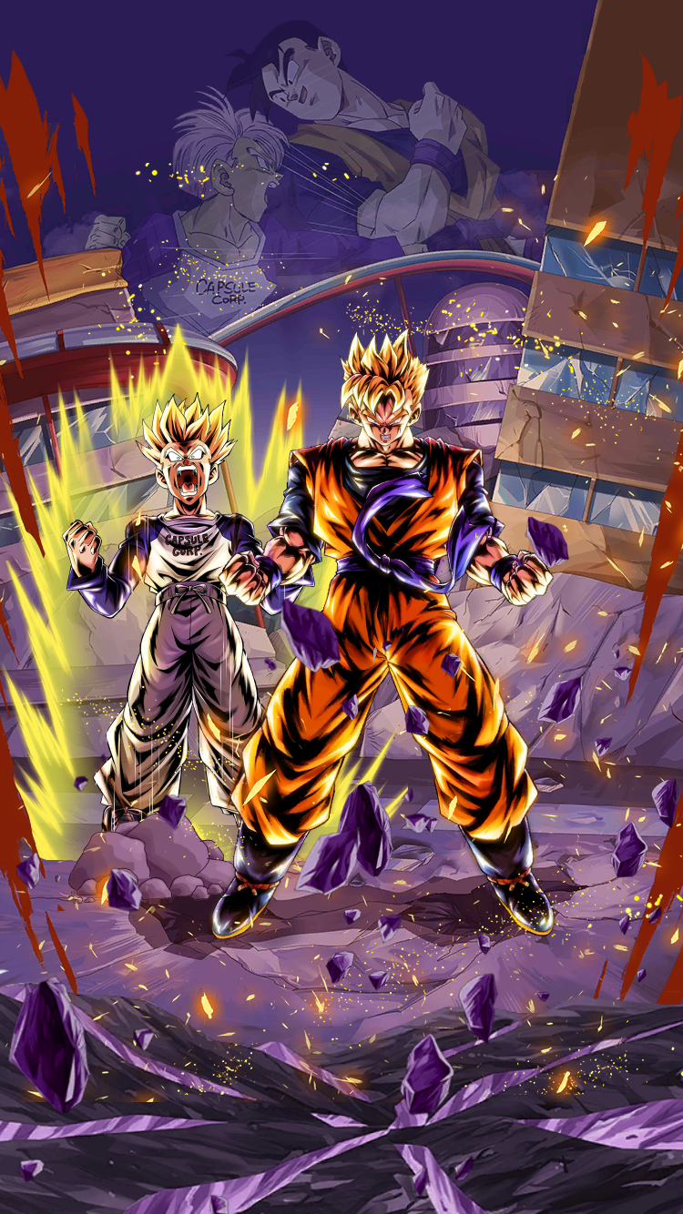 Super Saiyan at last! A little iPhone 7 wallpaper I made featuring Android Saga Gohan and Trunks: DragonballLegends