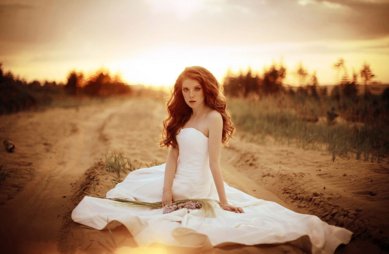 Wallpaper brides Brown haired female Sand Roads Sitting Dress