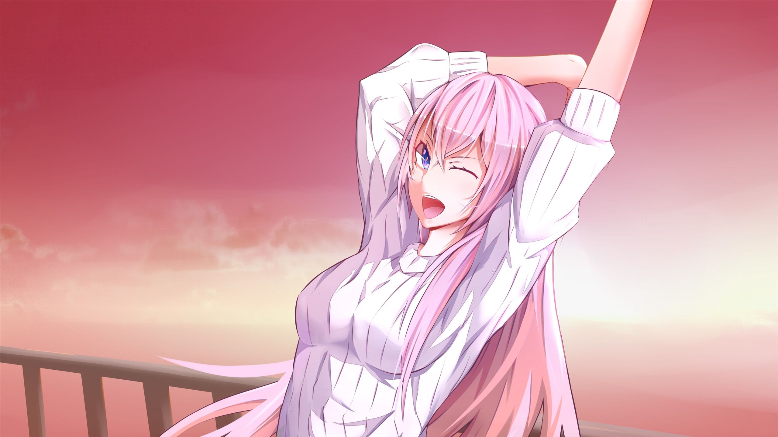 Wallpaper Pink hair anime girl, smile, sunset 2880x1800 HD Picture, Image