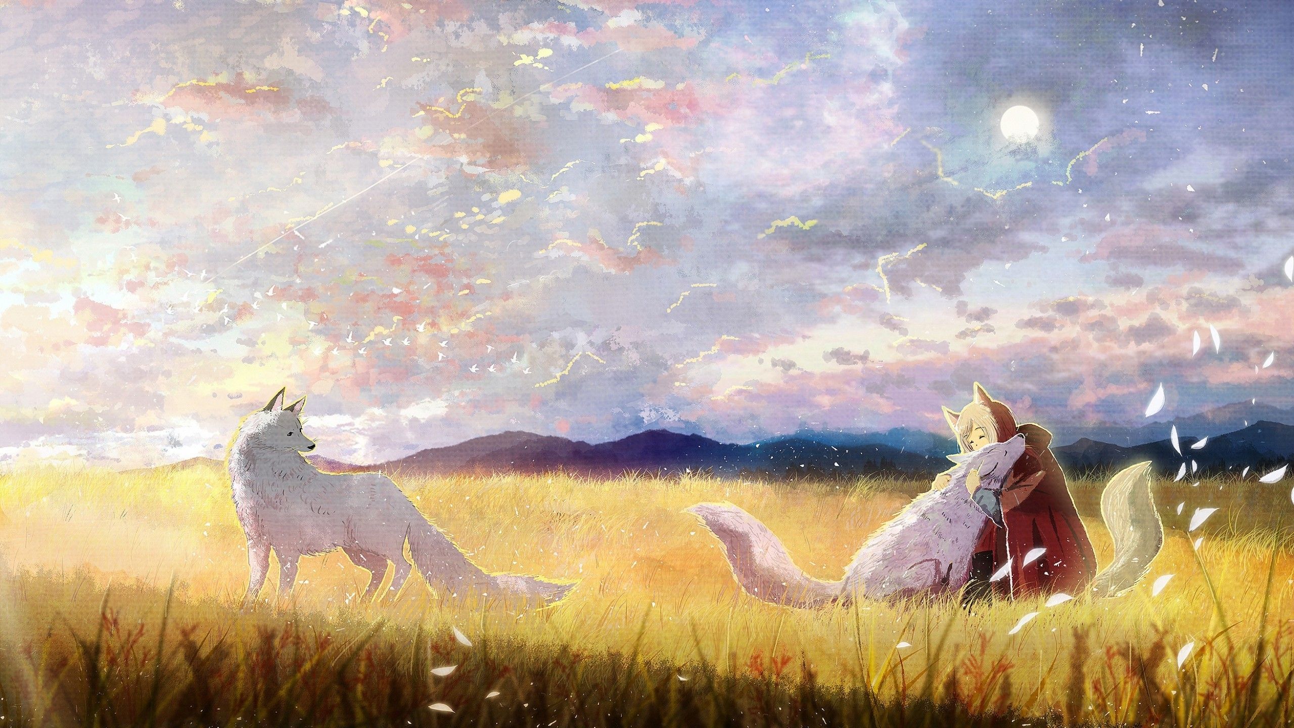 Download 2560x1440 Anime Wolf Girl, White Wolves, Field, Majestic, Clouds, Scenic, Cape, Moon Wallpaper for iMac 27 inch
