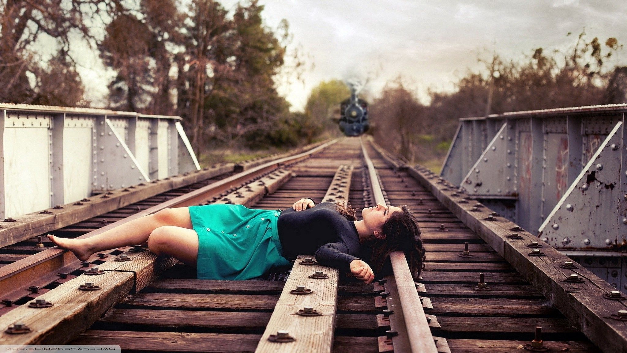 Suicide Girls, Lying Down, Train, Women, Railway, Skirt Wallpaper HD / Desktop and Mobile Background