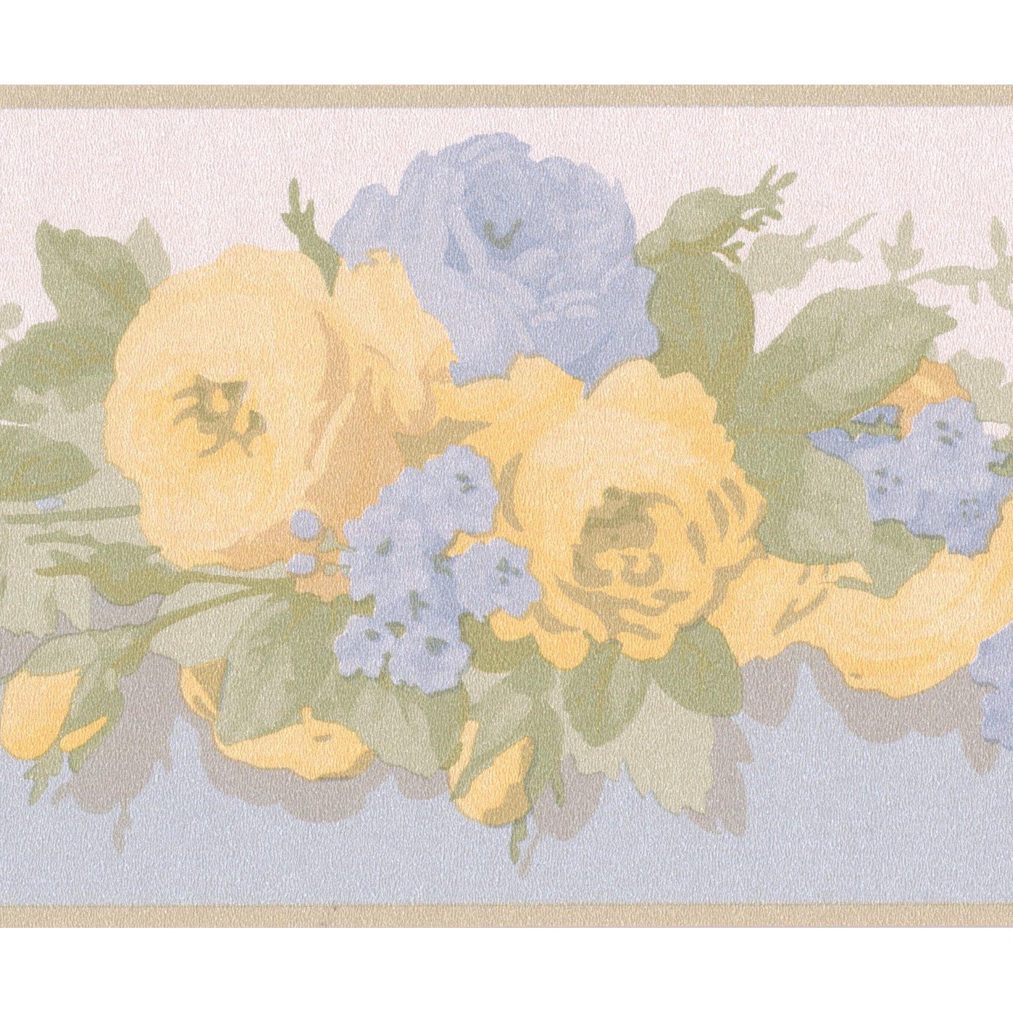Yellow Blue Bloomed Roses Floral Wallpaper Border Retro Design, Roll 15' x 5''