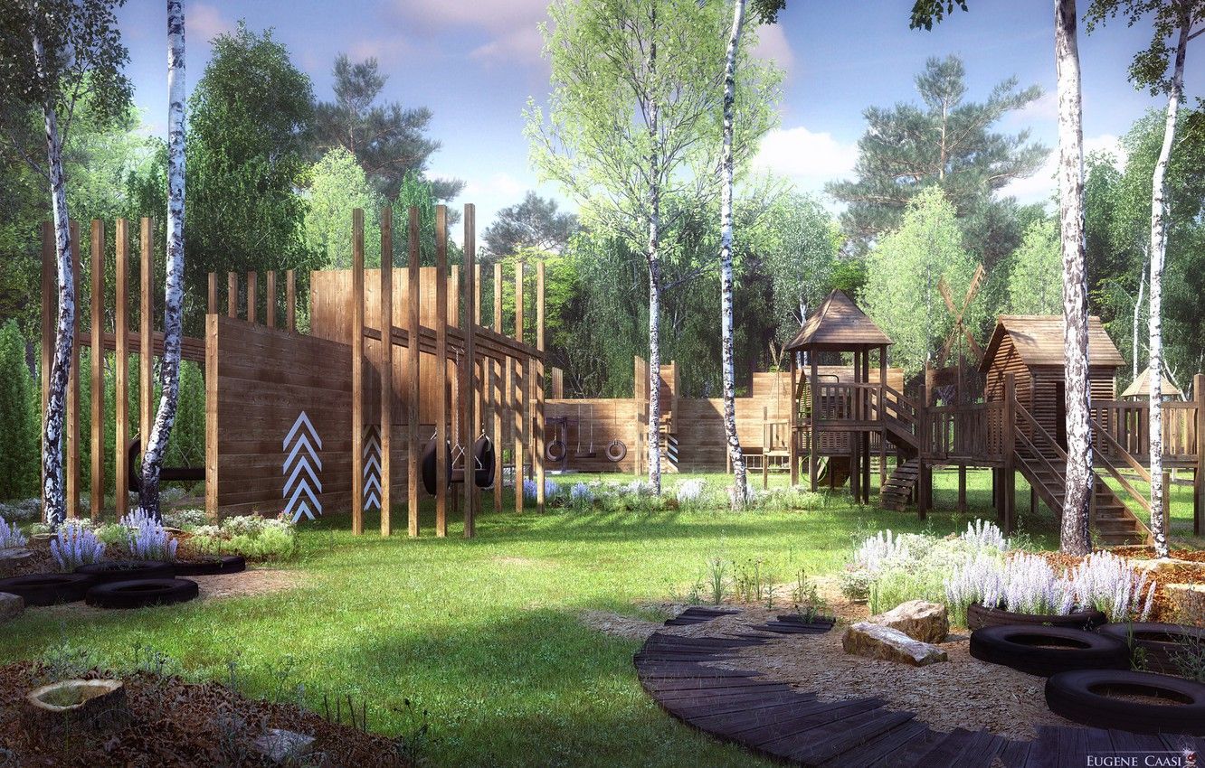 Wallpaper forest, buildings, lawn, Playground, CHILDREN'S PLAYHOUSES image for desktop, section рендеринг