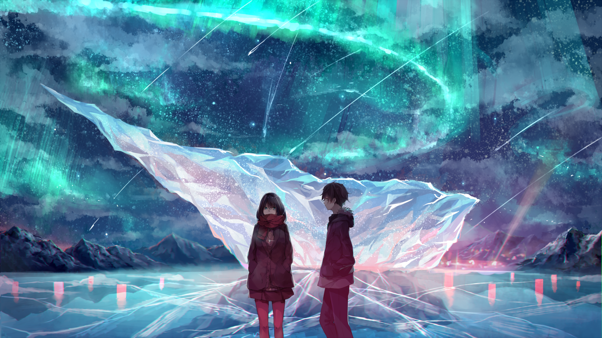 Download 2560x1440 Anime Couple, Ice Field, Scarf, Anime Girl, Boy Wallpaper for iMac 27 inch