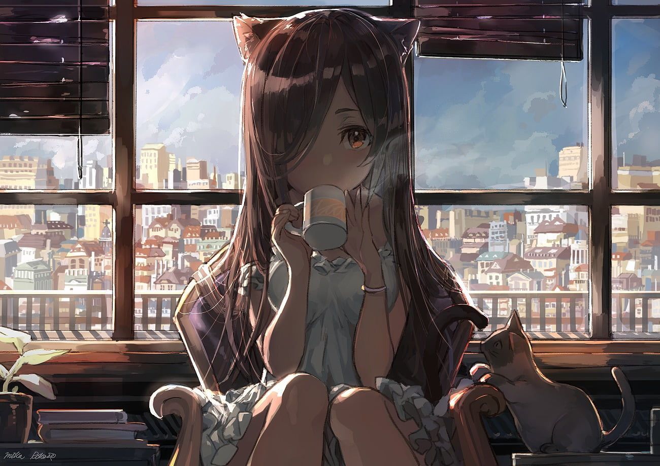 brown haired girl drinking coffee animated character wallpaper #anime #nekomimi #cat anime girls brown eyes #city #wi. HD anime wallpaper, Anime wallpaper, Anime