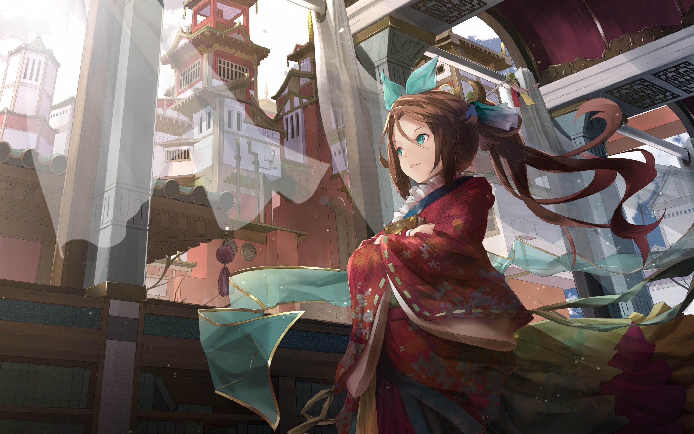 Download 2880x1800 Anime Girl, Traditional Clothes, Buildings, Worm View Wallpaper for MacBook Pro 15 inch