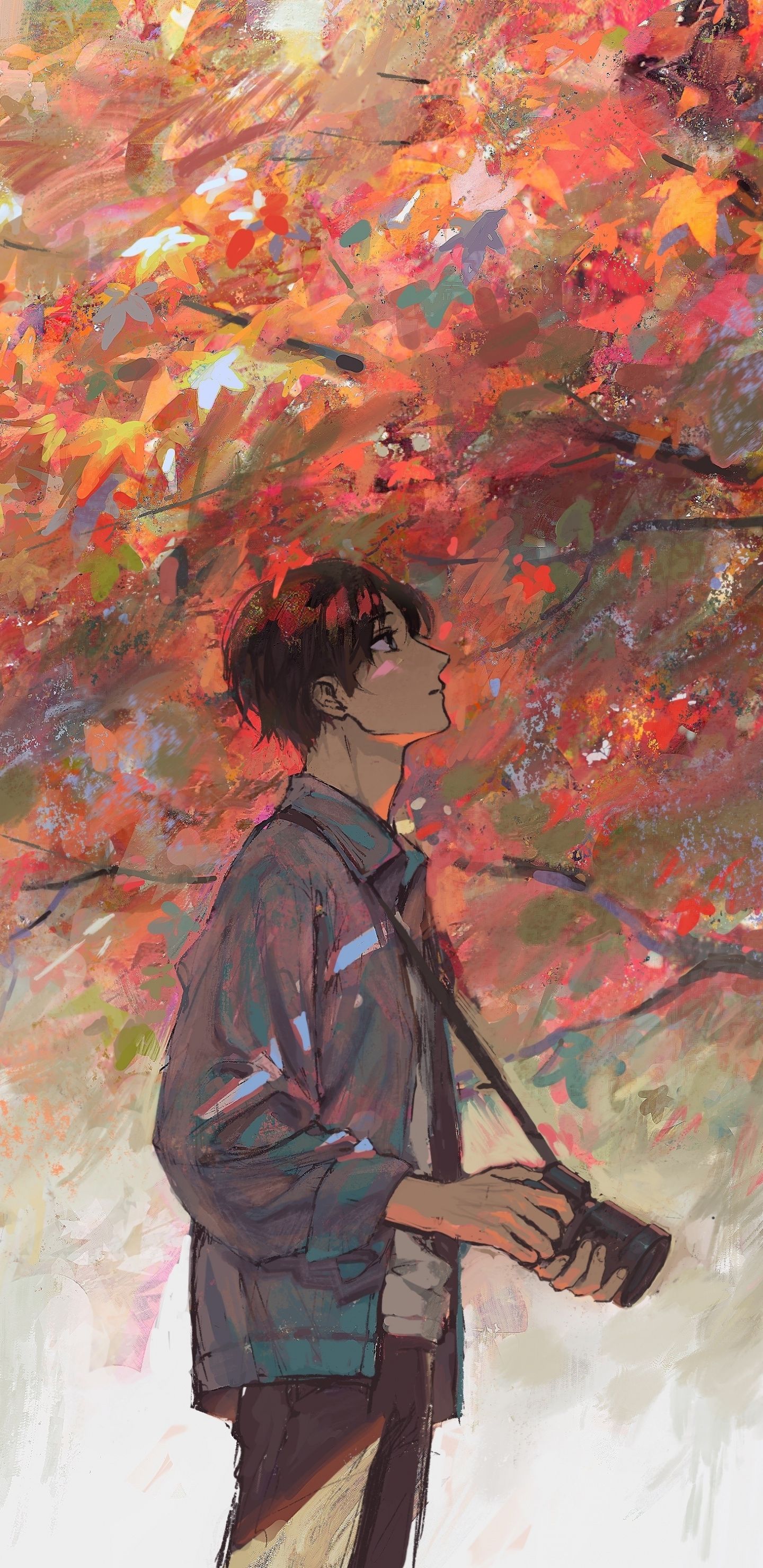 Anime boy, autumn, tree, artwork, 1440x2960 wallpaper. Anime background wallpaper, Anime artwork wallpaper, Anime scenery