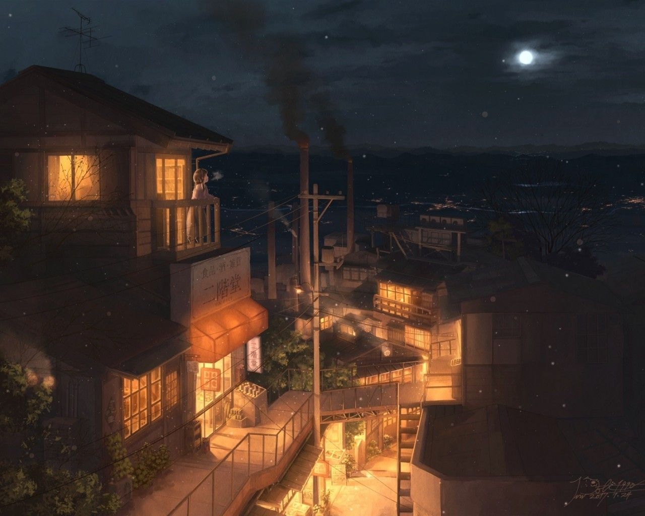 Download 1280x1024 Anime Cityscape, Night, Buildings, Lights, Moon, Sky, Street Wallpaper