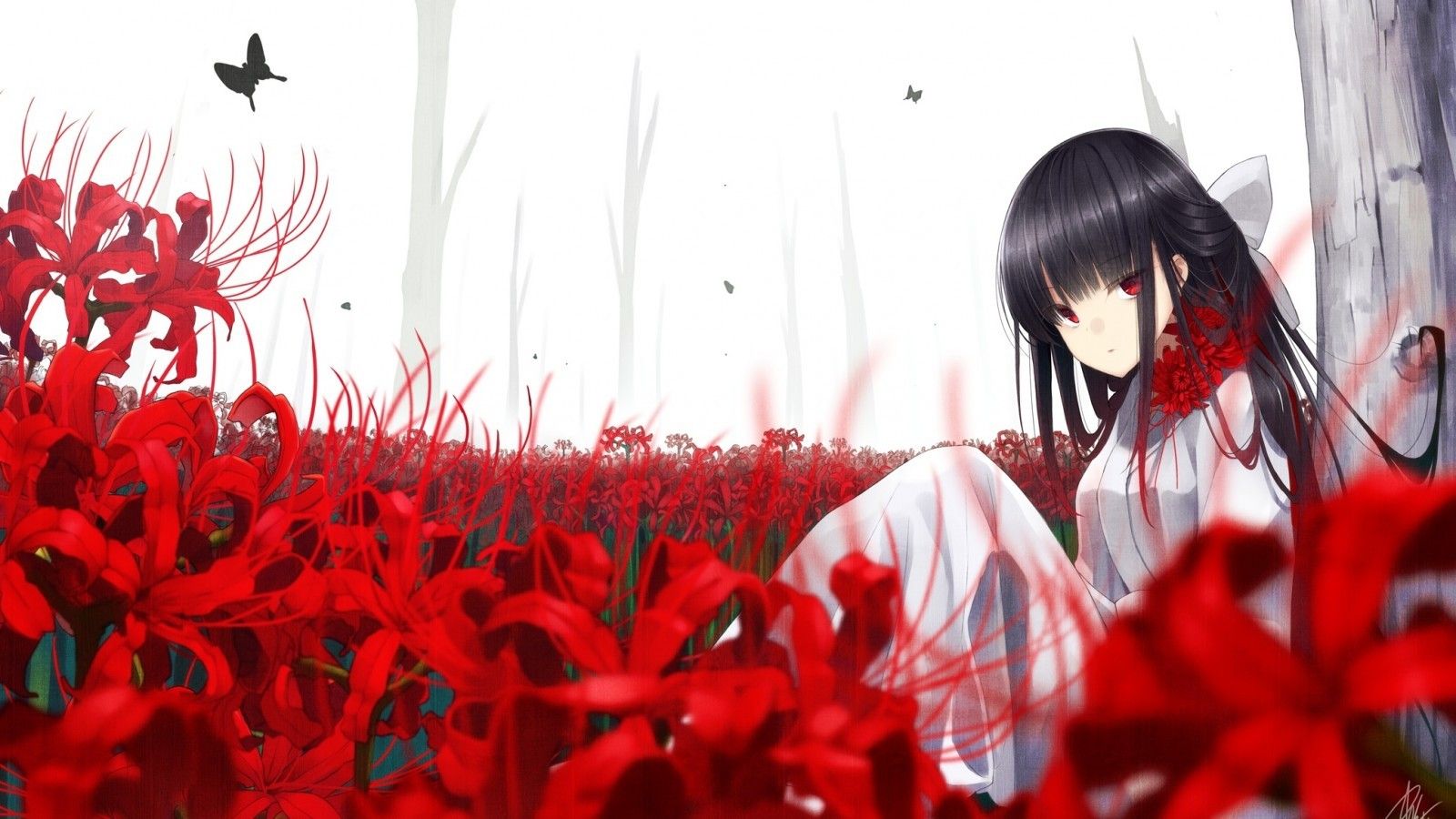 Download 1600x900 Red Eyes, Anime Girl, Butterfly, Flowers, Black Hair, White Dress Wallpaper