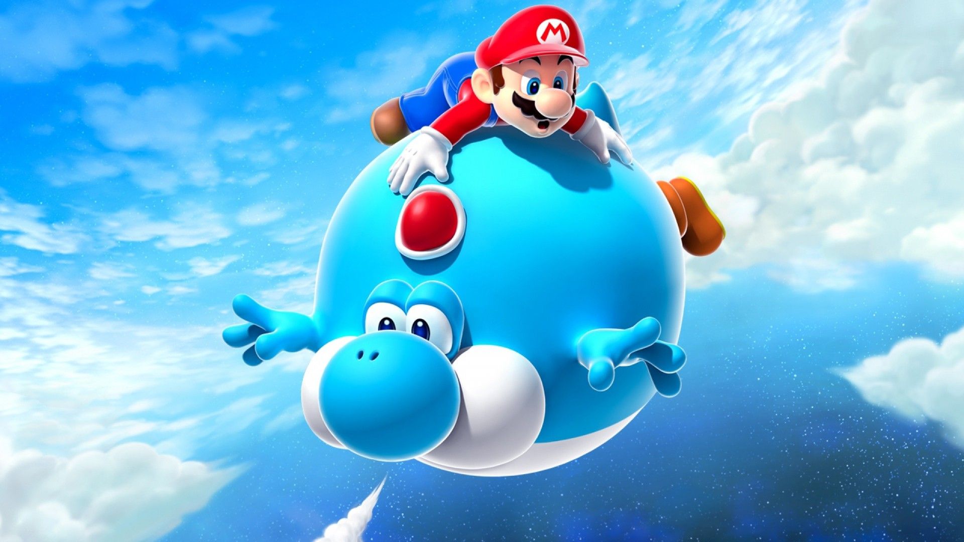 Mario Air Balloon Yoshi Blue Super Mario Galaxy Picture HD Background Wallpaper Free Cool Tablet Smart Phone 4k High Definition 1920x1080