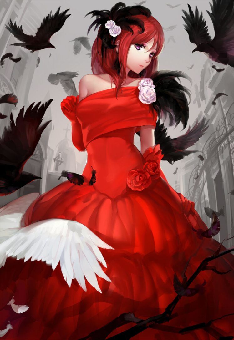 anime, Girl, Bird, Red, Dress, Rose .wallup.net
