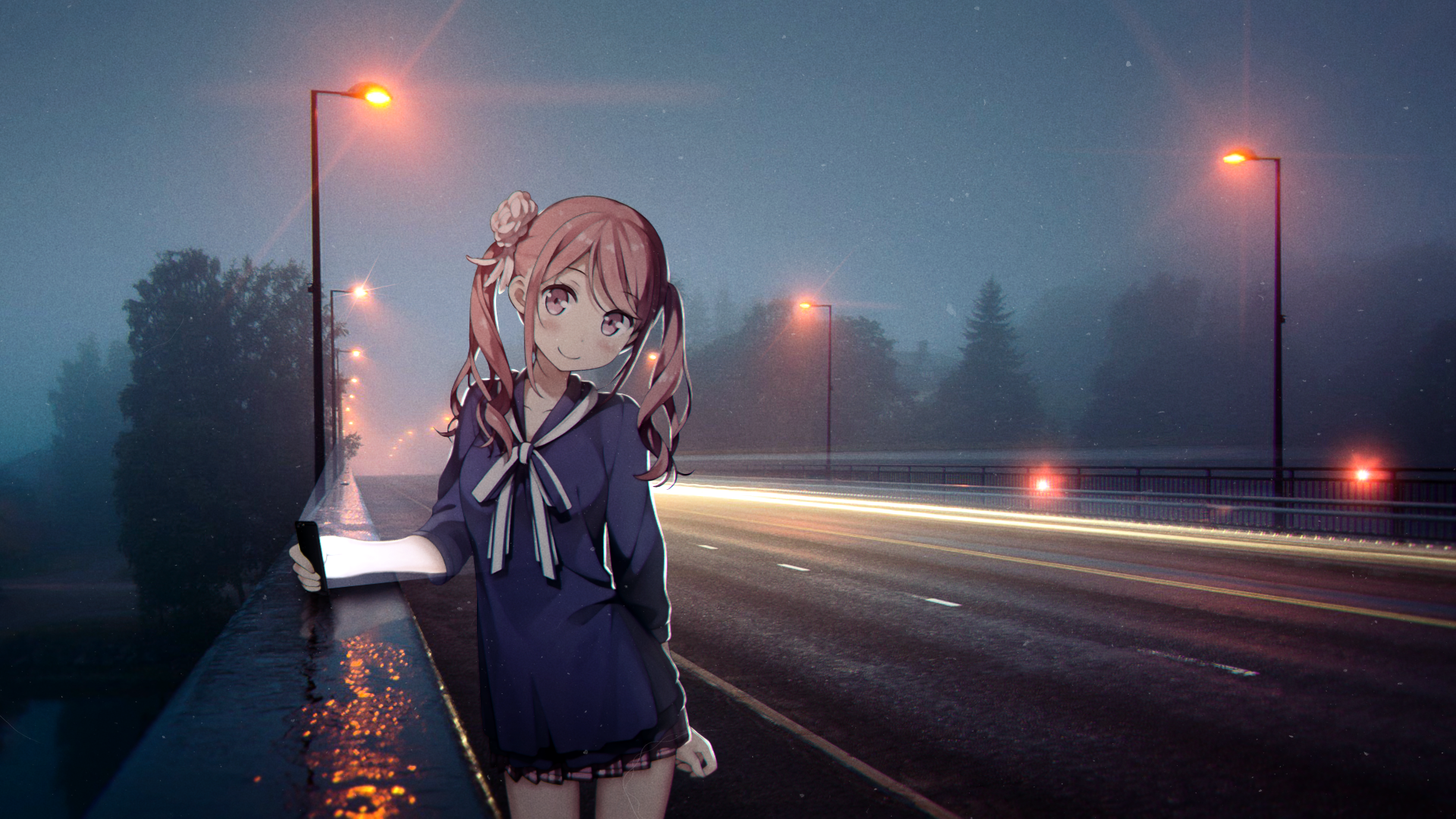 #road, #street light, #night, #anime girls, #Kantoku, #school uniform, wallpaper. Mocah HD Wallpaper
