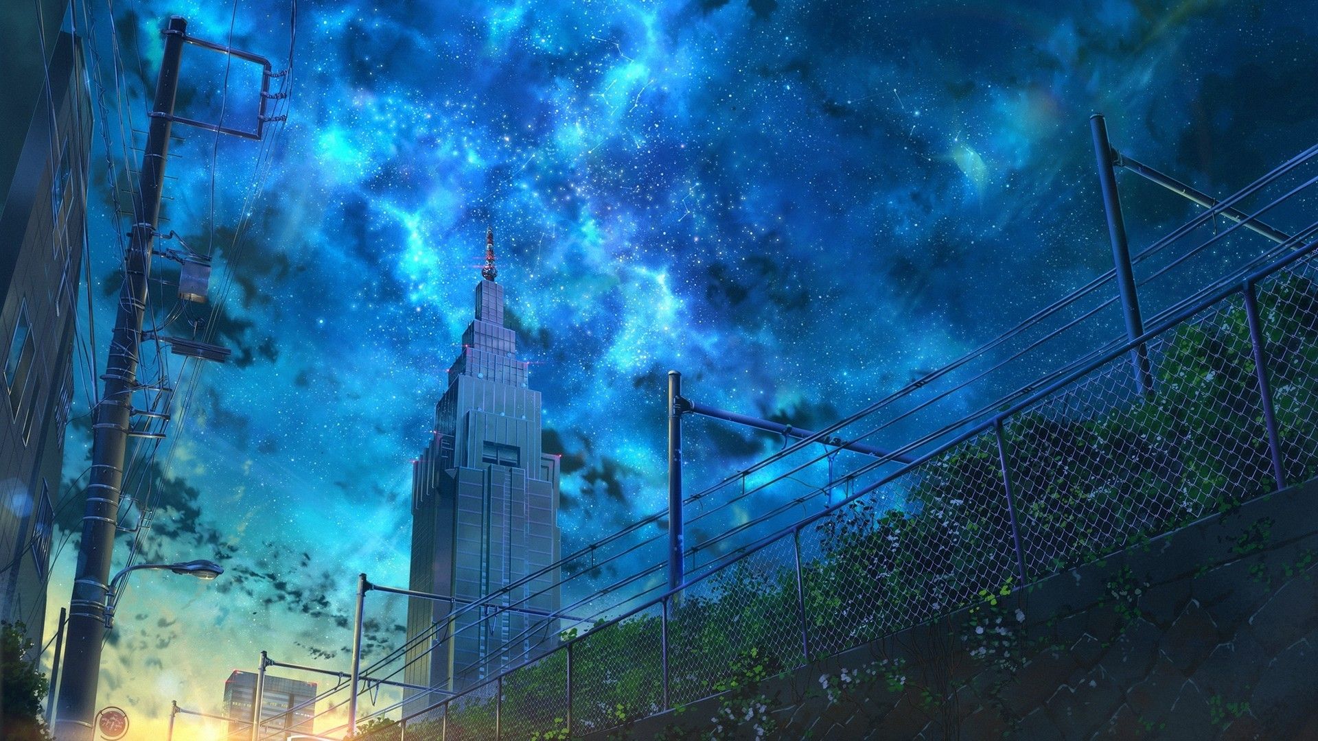 Download 1920x1080 Anime Skyscraper, Night, Stars, Scenic, Fence, Street Wallpaper for Widescreen