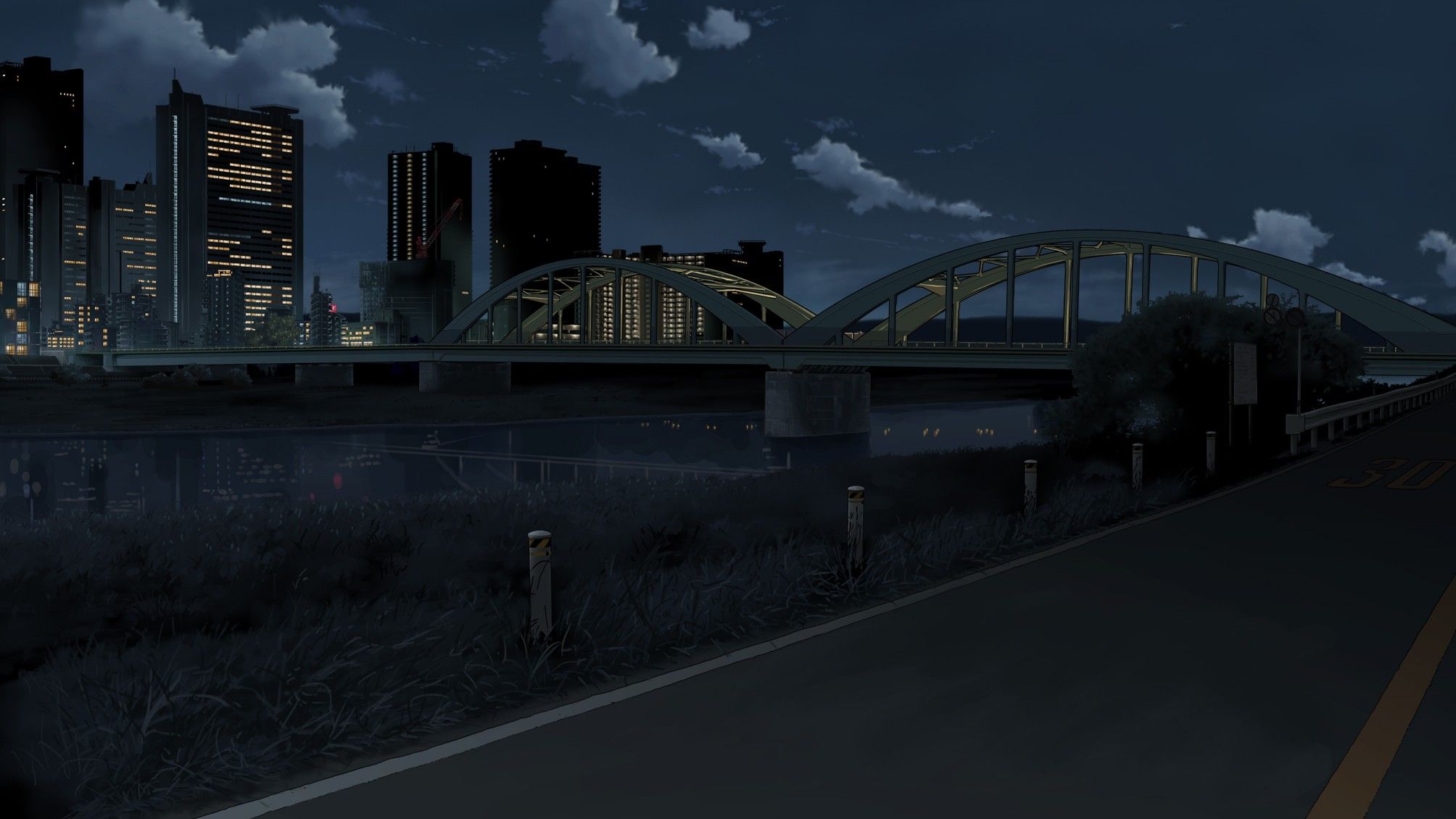 Anime Bridge City Night Landscape Moescape Wallpaper:2008x1130