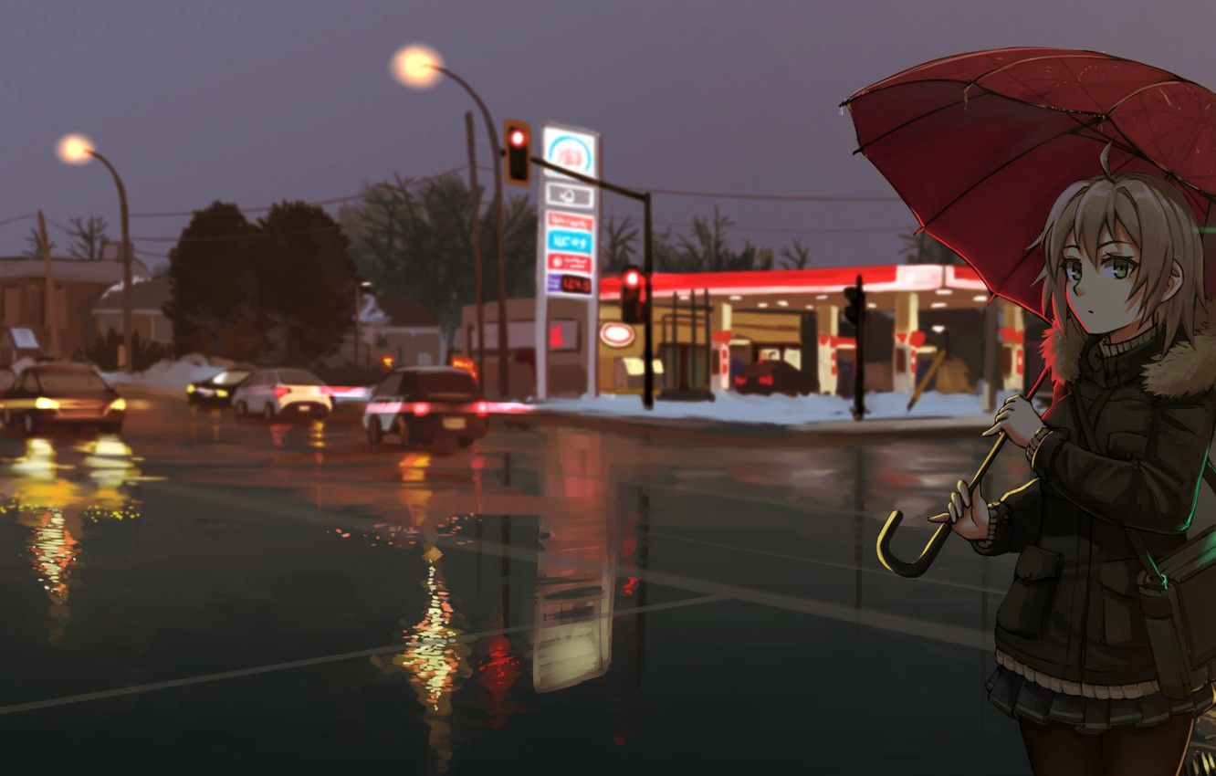 Wallpaper girl, night, the city, umbrella, anime, art image for desktop, section арт