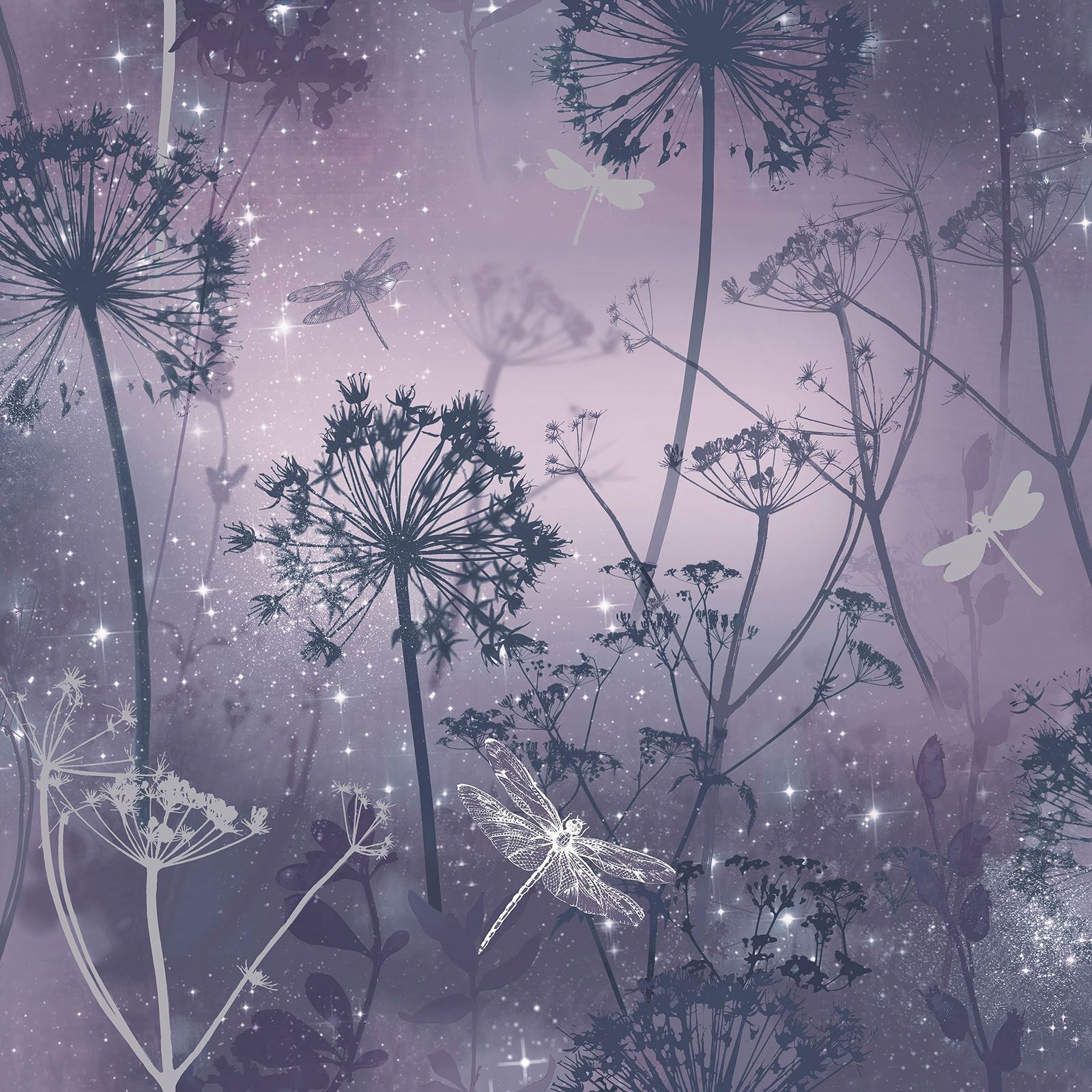 Damselfly Glitter Wallpaper Purple Silver Dandelions Trees Floral Ombre Arthouse 5050192692366