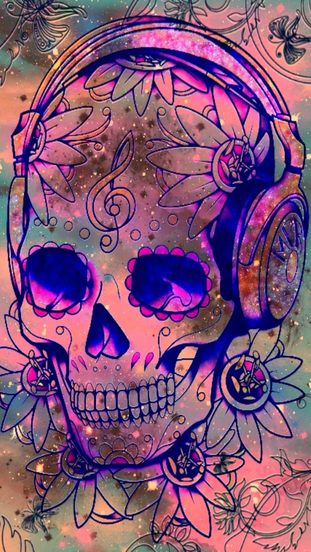Retro Skull Galaxy, made by me #purple #sparkly #wallpaper #background #sparkles #glittery #galaxy #art #abstract #skulls #m. Skull wallpaper, Background s, Art
