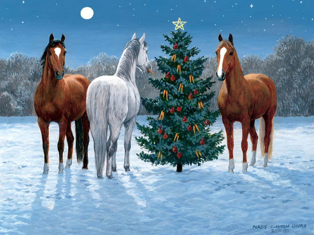 Lang Downloadable Wallpaper: December Horses In The Mist. Media Wysiwyg Wallpaper Dec. Christmas Horses, Christmas Paintings, Horses