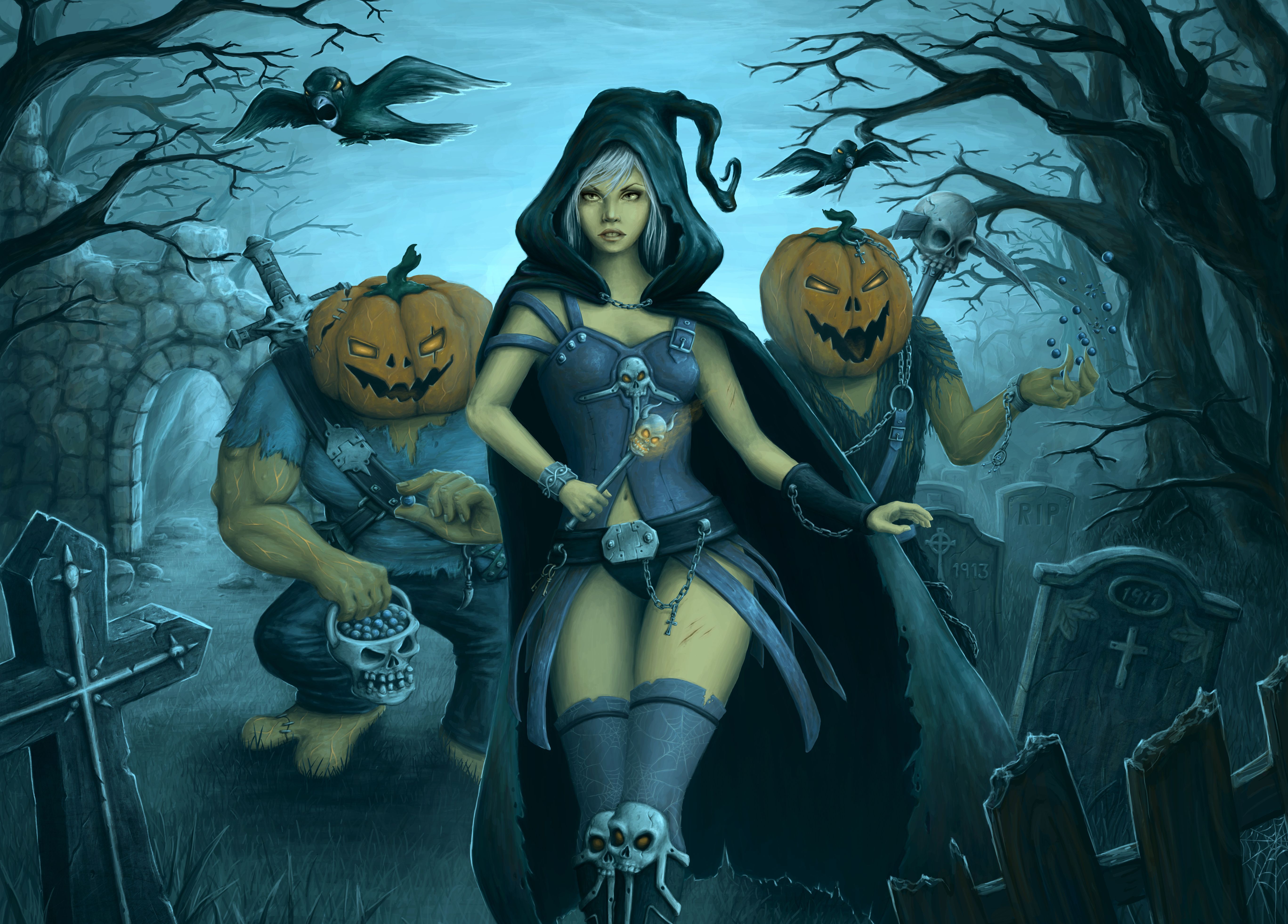 Gothic Halloween Fantasy Girls dark pumpkin cemetery skull skulls wallpaperx3926