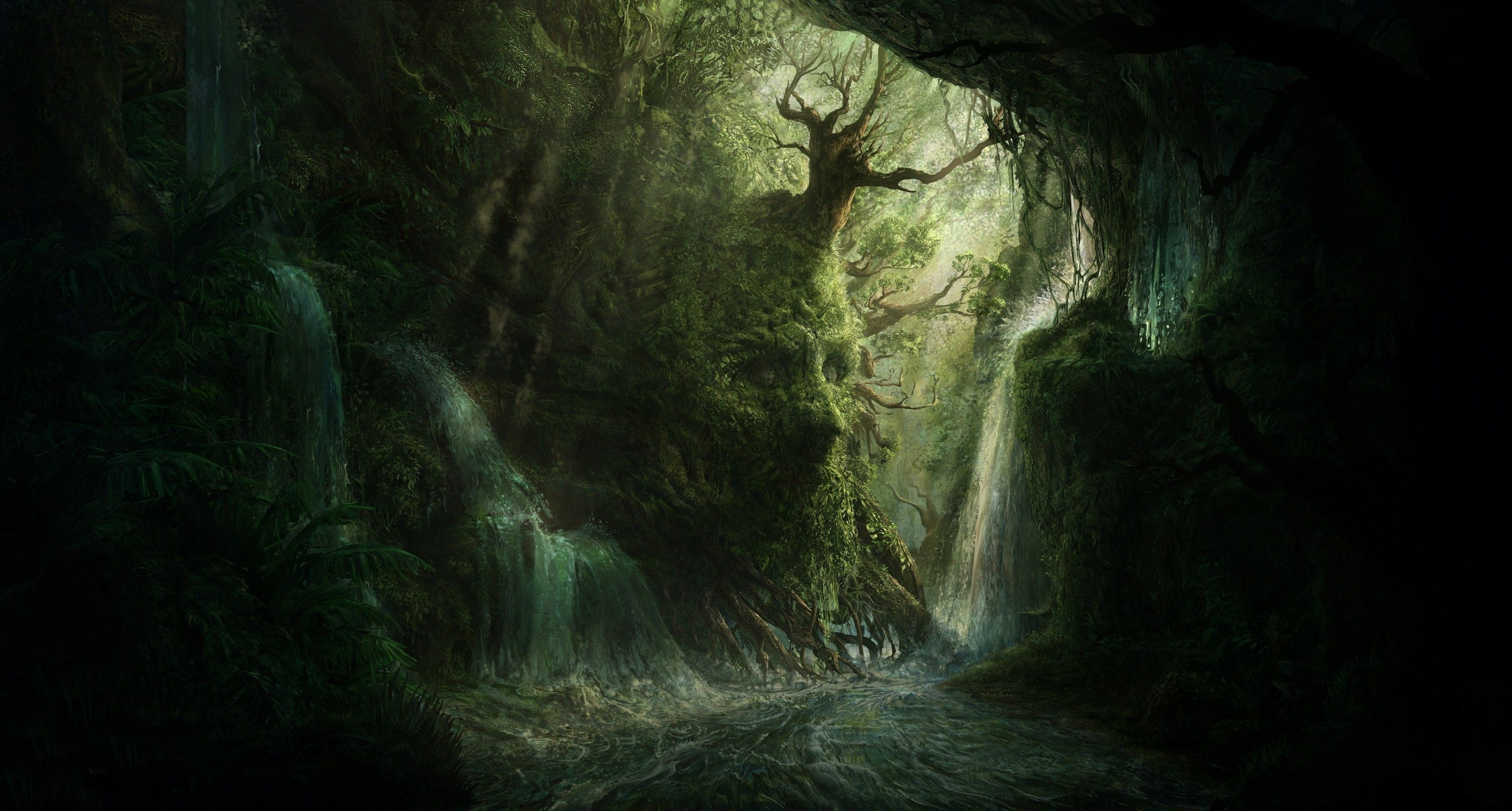 artwork, Digital Art, Forest, Dark, Trees, River, Waterfall Wallpaper HD / Desktop and Mobile Background