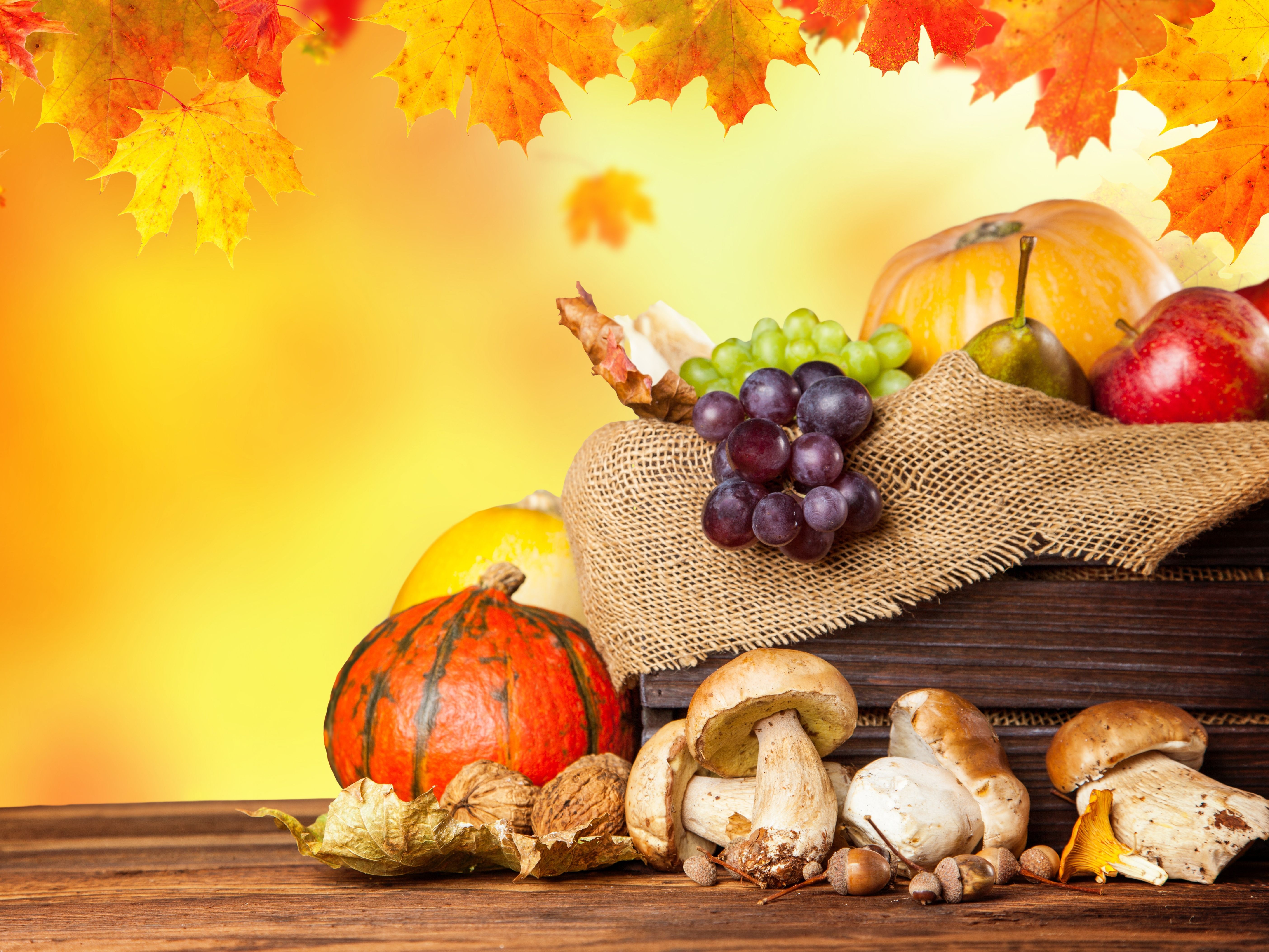 leaves, autumn splendor, fall, grapes, apples, autumn, fruits wallpaper
