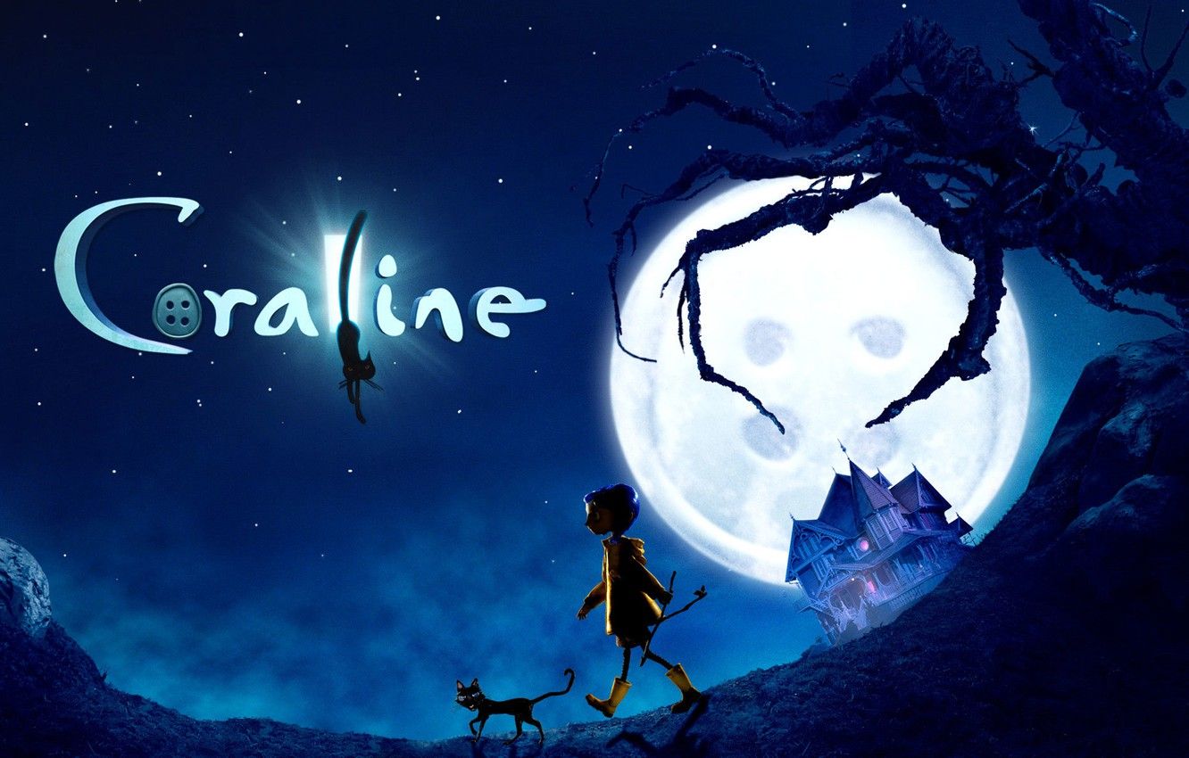 Wallpaper cat, house, tree, the moon, cartoon, girl, button, scary story, Coraline, Coraline, Coralyn image for desktop, section фильмы