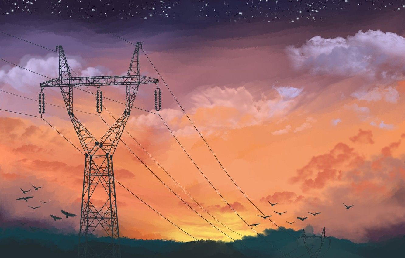 Wallpaper Sunset, The Sky, Clouds, Stars, Birds, Art, John Irvin Luayon, By John Irvin Luayon, Sun Setting On The Horizon, High Voltage Line, Transmission Lines Image For Desktop, Section арт