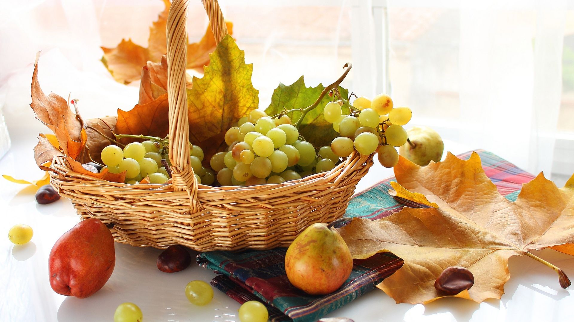 Wallpaper Autumn fruit, grapes, basket, pear, leaves 1920x1200 HD Picture, Image