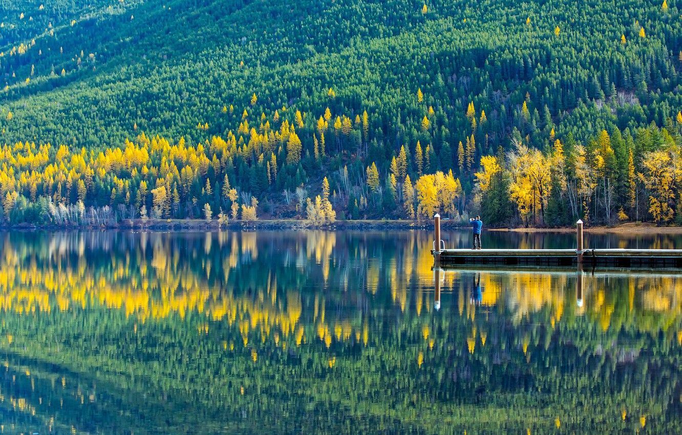 Wallpaper autumn, forest, water, trees, mountains, lake, reflection, people, pier, Montana, USA, Glacier National Park, Glacier, Lake McDonald, MacDonald image for desktop, section пейзажи