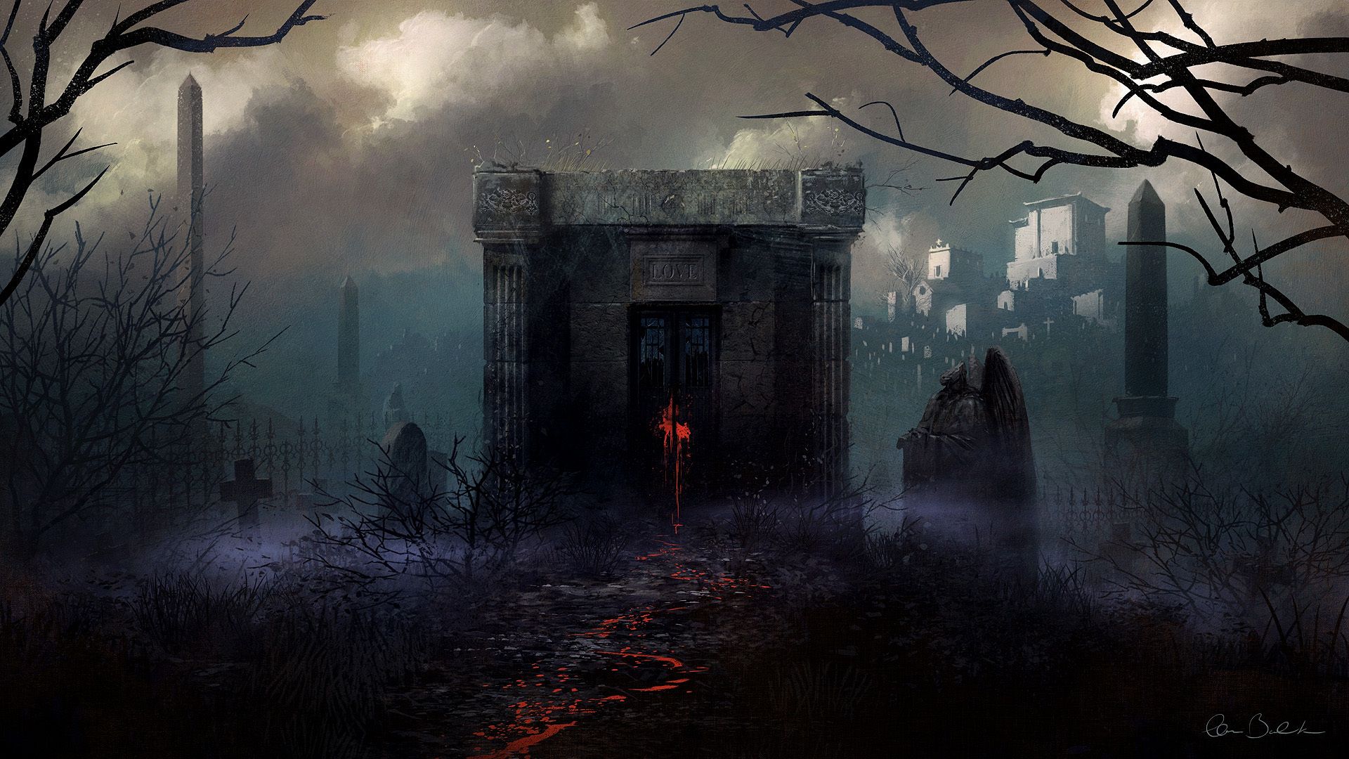Gothic Christopher Balaskas Fog Fantasy halloween blood spooky wallpaperx1080