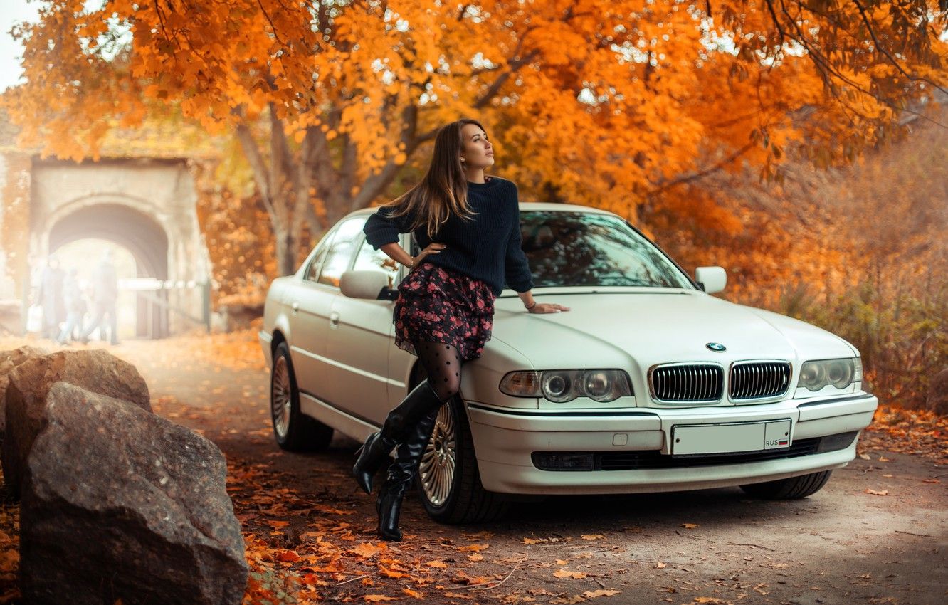 Wallpaper auto, autumn, look, pose, photo, skirt, BMW, beauty, Mila Skidanchuk image for desktop, section девушки