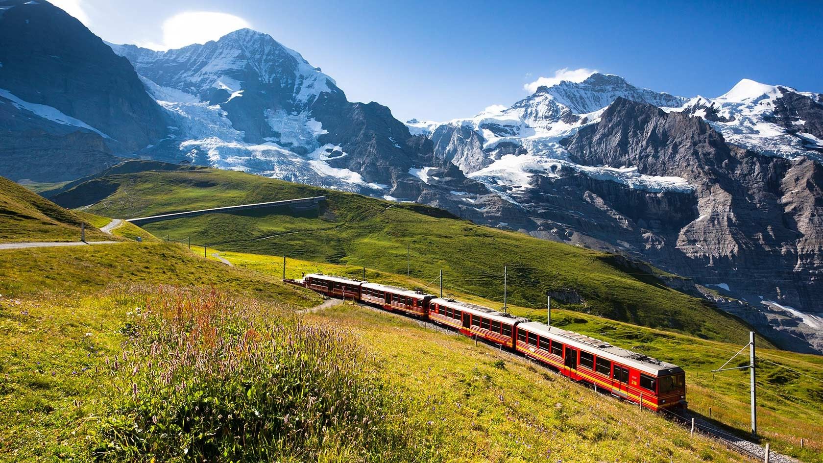 green, mountains, landscapes, nature, snow, red, white, grass, trains, plants, Switzerland, Alps, railway, light blue, Letra wallpaper