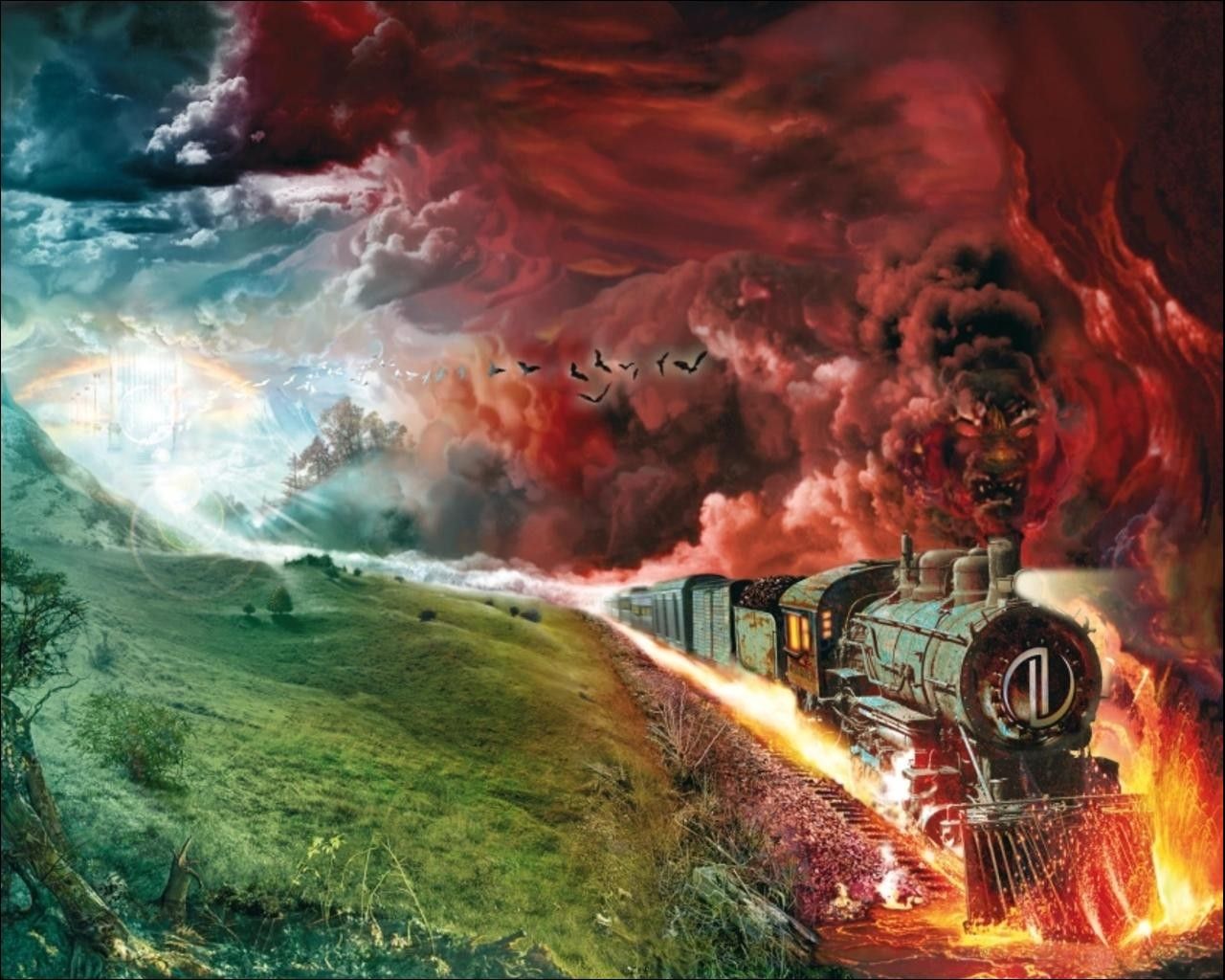 fantasy, red, birds, smoke, grass, trains, good vs evil wallpaper