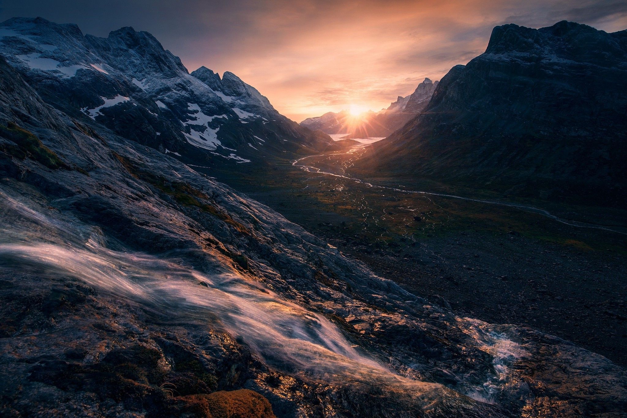 nature, Landscape, Sunrise, Mountain, Valley, River, Snowy Peak, Creeks, Sky, Sunlight, Greenland Wallpaper HD / Desktop and Mobile Background