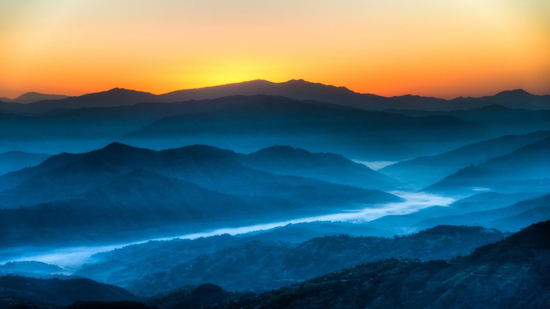sunrise, blue, mountains, landscapes, nature, valley, Foggy wallpaper
