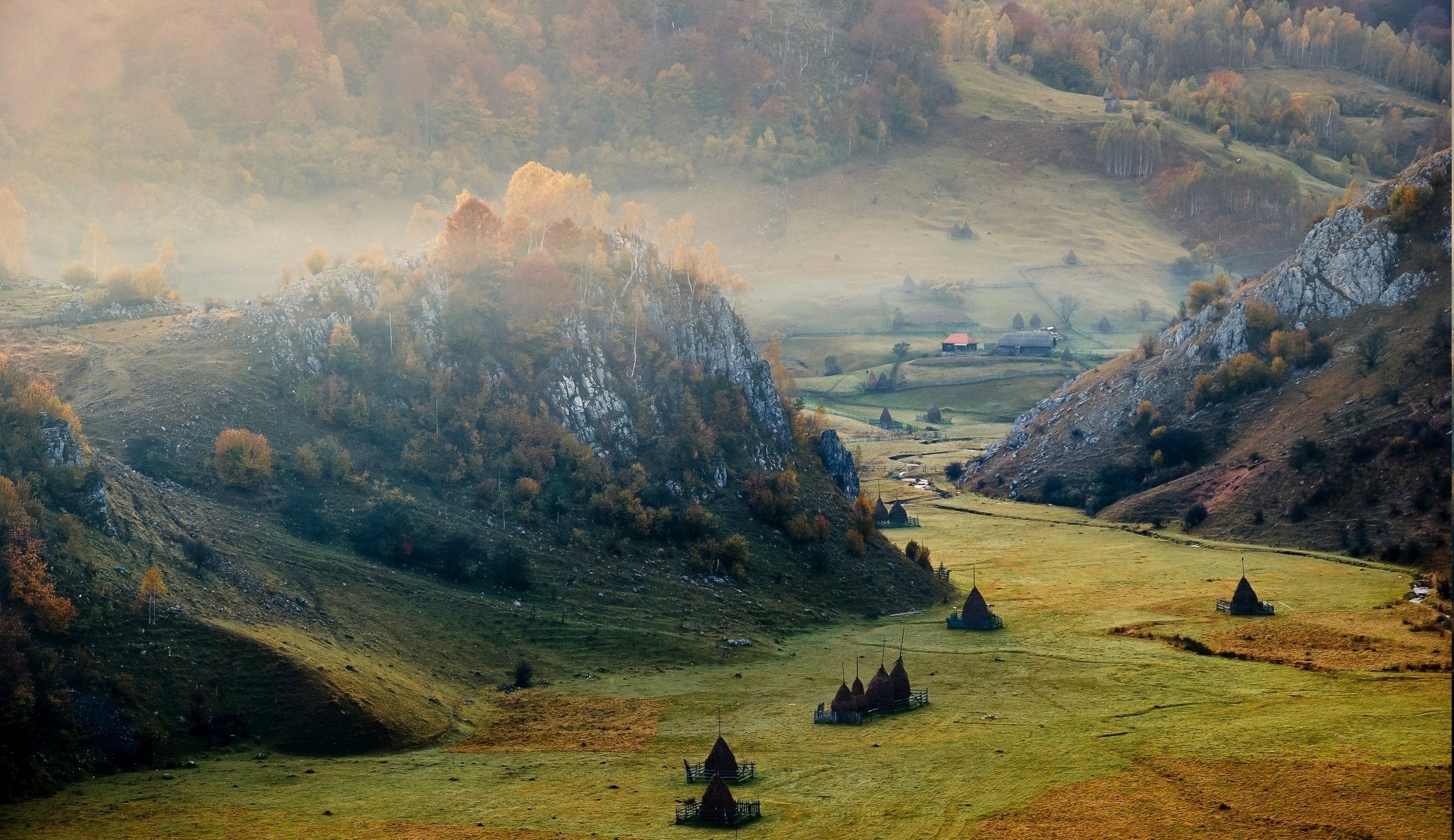 sunrise, Mountain, Valley, Romania, Cliff, Mist, Field, Forest, Villages, Nature, Landscape Wallpaper HD / Desktop and Mobile Background