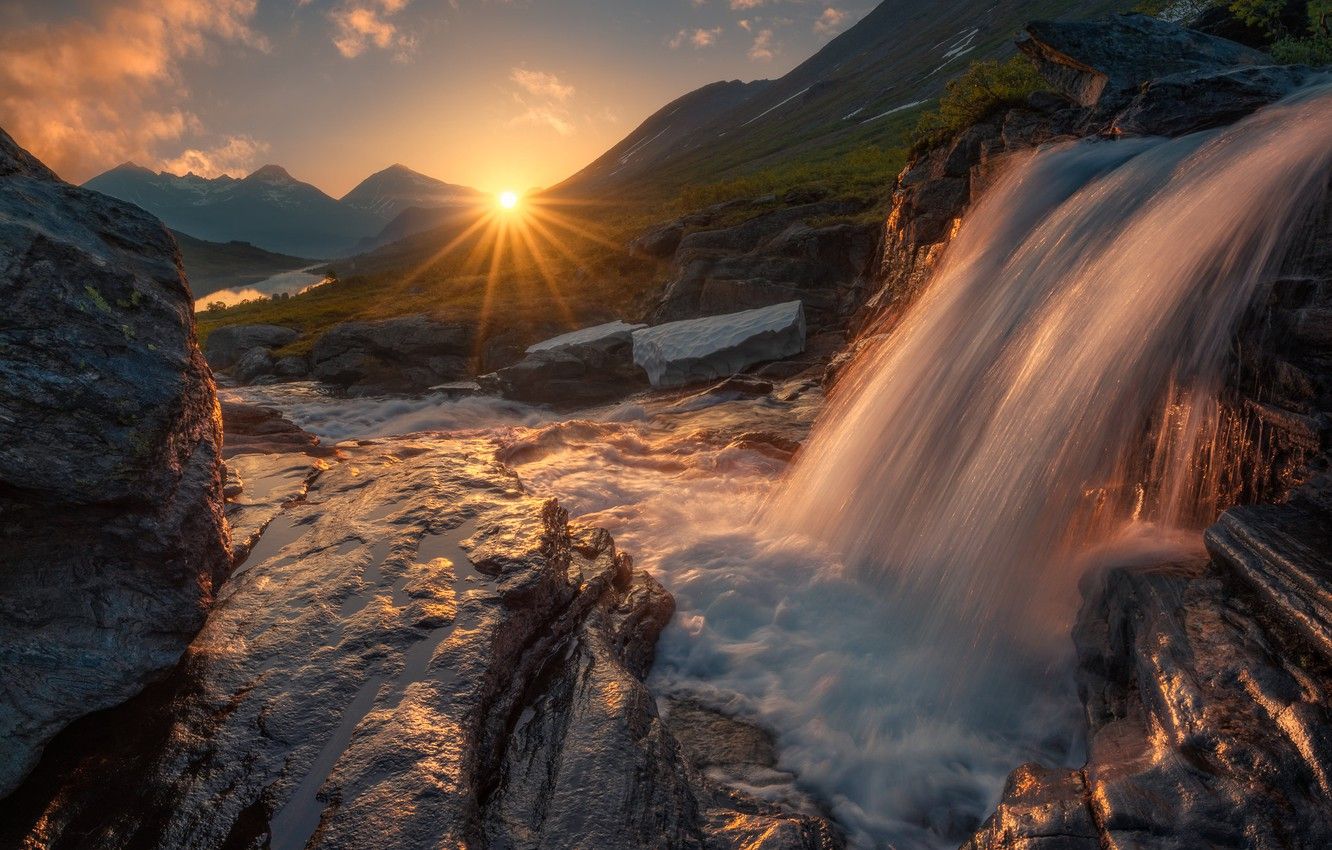 Wallpaper mountains, sunrise, dawn, waterfall, morning, Norway, Norway, Romsdalen Valley, Valley Of Romsdalen image for desktop, section пейзажи