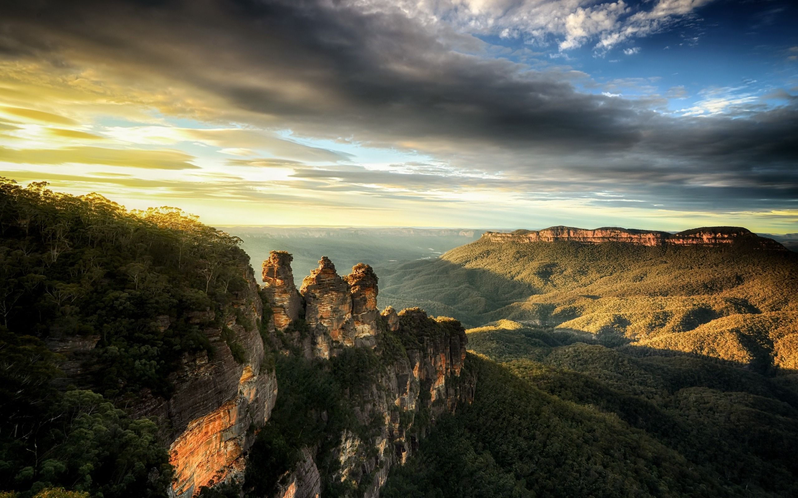 Download wallpaper Blue Mountain, New South Wales, sunrise, mountain valley, forest, mountains, Australia for desktop with resolution 2560x1600. High Quality HD picture wallpaper