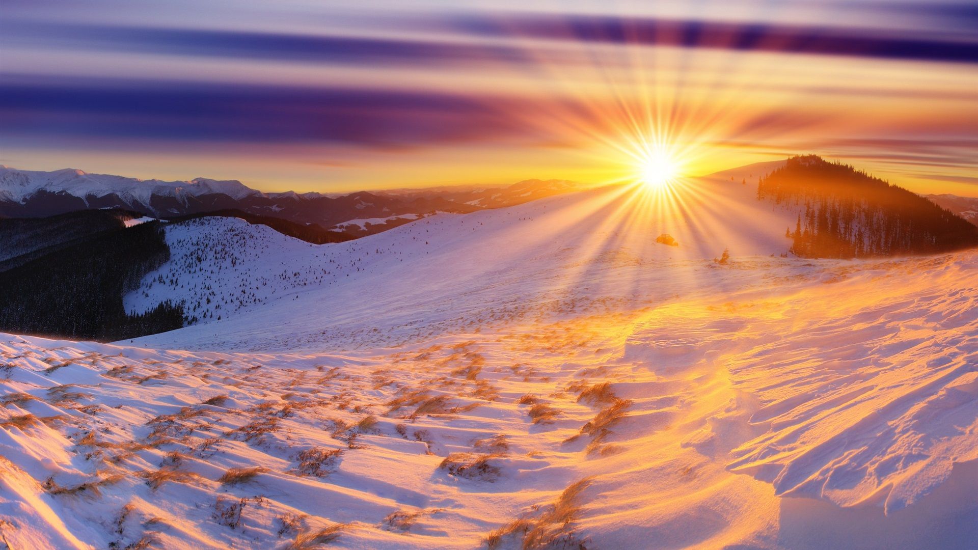 Wallpaper Winter, sunrise, mountains, snow, sun 2560x1600 HD Picture, Image