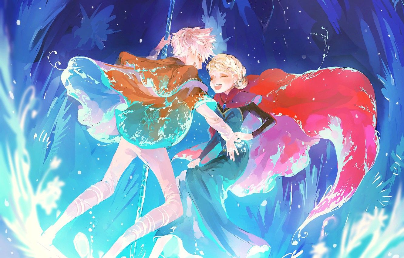 Wallpaper girl, joy, the moon, art, staff, Frozen, guy, Rise of the Guardians, Rise of the guardians, Jack Frost, Elsa, Elsa, Jack Frost, Cold heart image for desktop, section фильмы