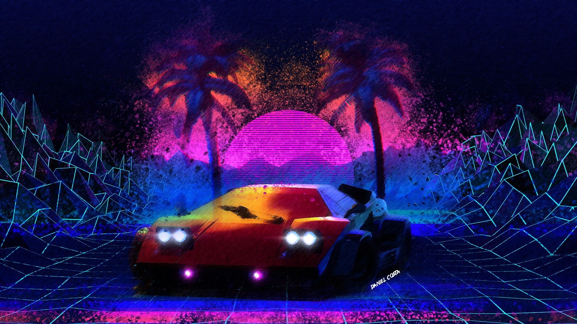 Wallpaper / Synthwave, 1980s, Car, Retrowave, Pop Up Headlights, Lamborghini Countach