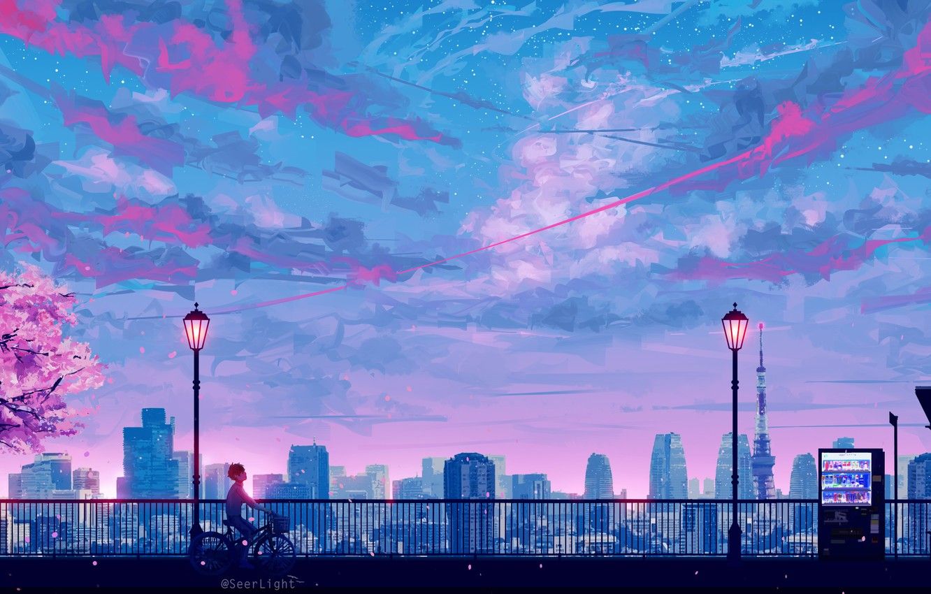 Wallpaper skyscrapers, Tokyo, lights, railings, Tokyo, Japan, guy, promenade, art, pink clouds, Tokyo tower, the evening sky, on the bike, Sakura spring, Seerlight image for desktop, section арт