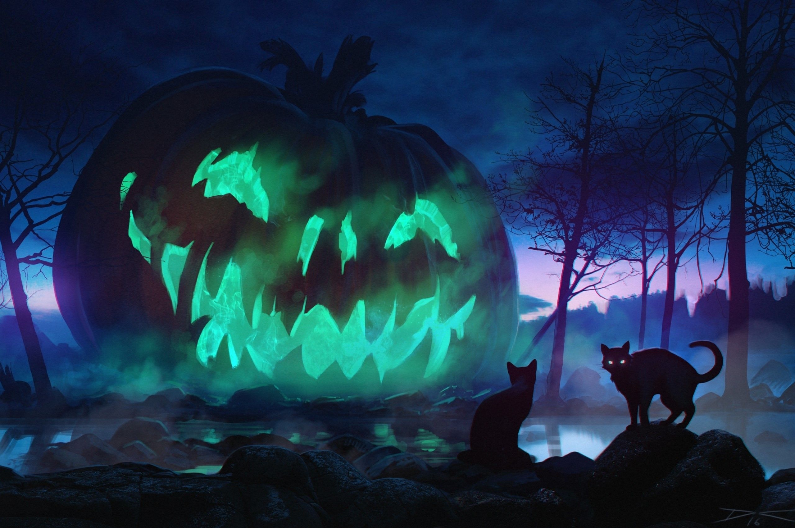 Download 2560x1700 Halloween, Giant Pumpkin, Scary, Cats, Dark Theme, Forest, Fog, Stones Wallpaper for Chromebook Pixel