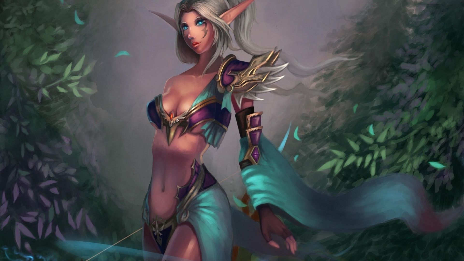 ears, cheng guang, night elf, world of warcraft, wow, hunter, bow, art, girl desktop wallpaper 7163