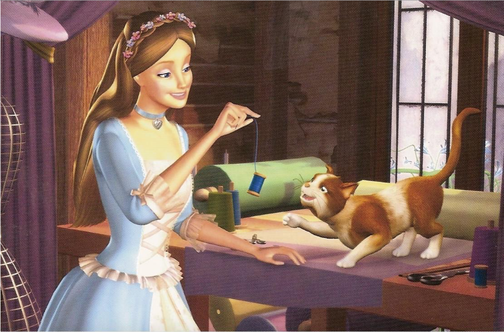 Erika and her dogish cat, Wolfie from Barbie as the Princess and the Pauper. Princess and the pauper, Barbie movies, Barbie princess