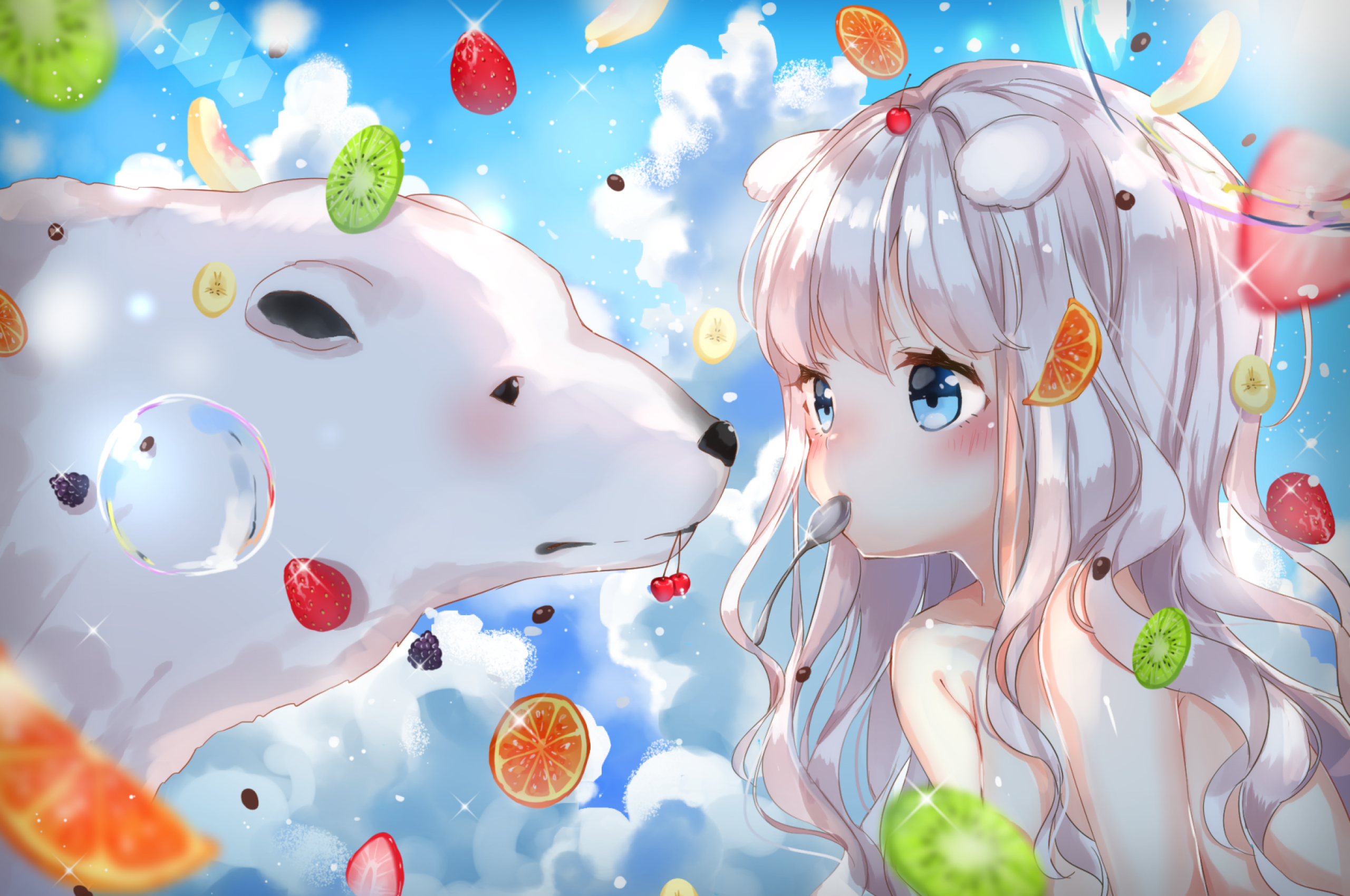 Download 2560x1700 Anime Girl, Loli, Fruits, Eating, White Hair Wallpaper for Chromebook Pixel
